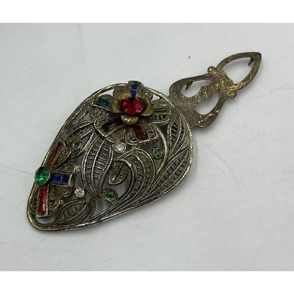 Antique 1930’s Multi-Color Glass Rhinestone Large Tear Drop Fur Dress Clip - Picture 8 of 8